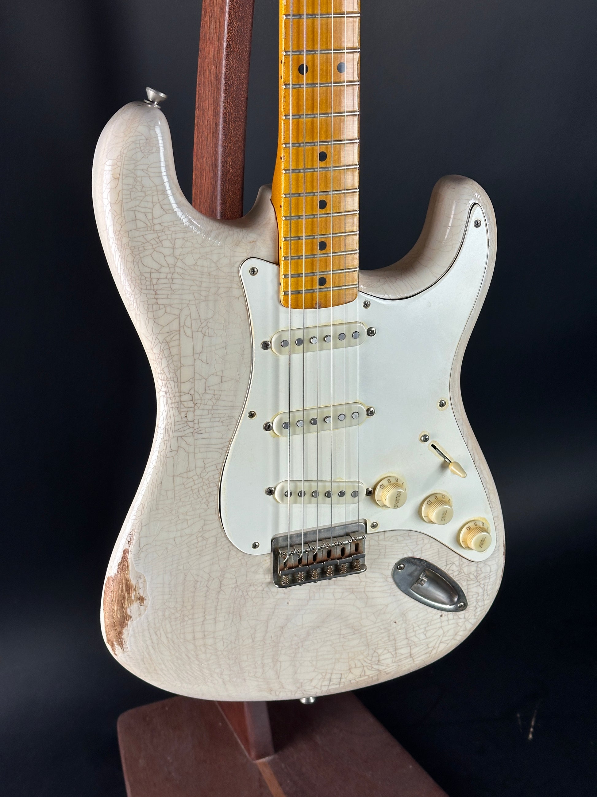 Front angle of Used 2020 Whitfill Custom Guitars S Style Hardtail Olympic White.