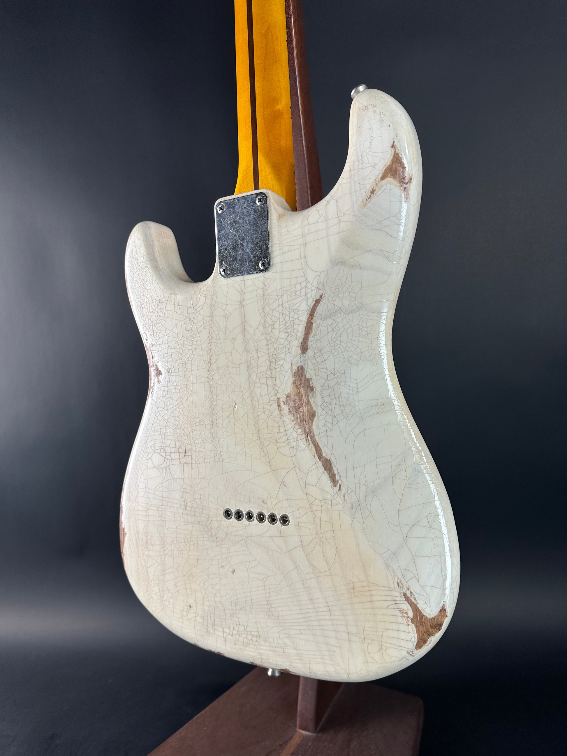 Back angle of Used 2020 Whitfill Custom Guitars S Style Hardtail Olympic White.