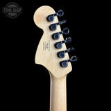 Back of headstock of Used Squier Affinity Series Stratocaster Silver.