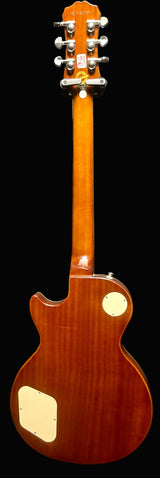 Wooden electric guitar with a brown finish on a gray background