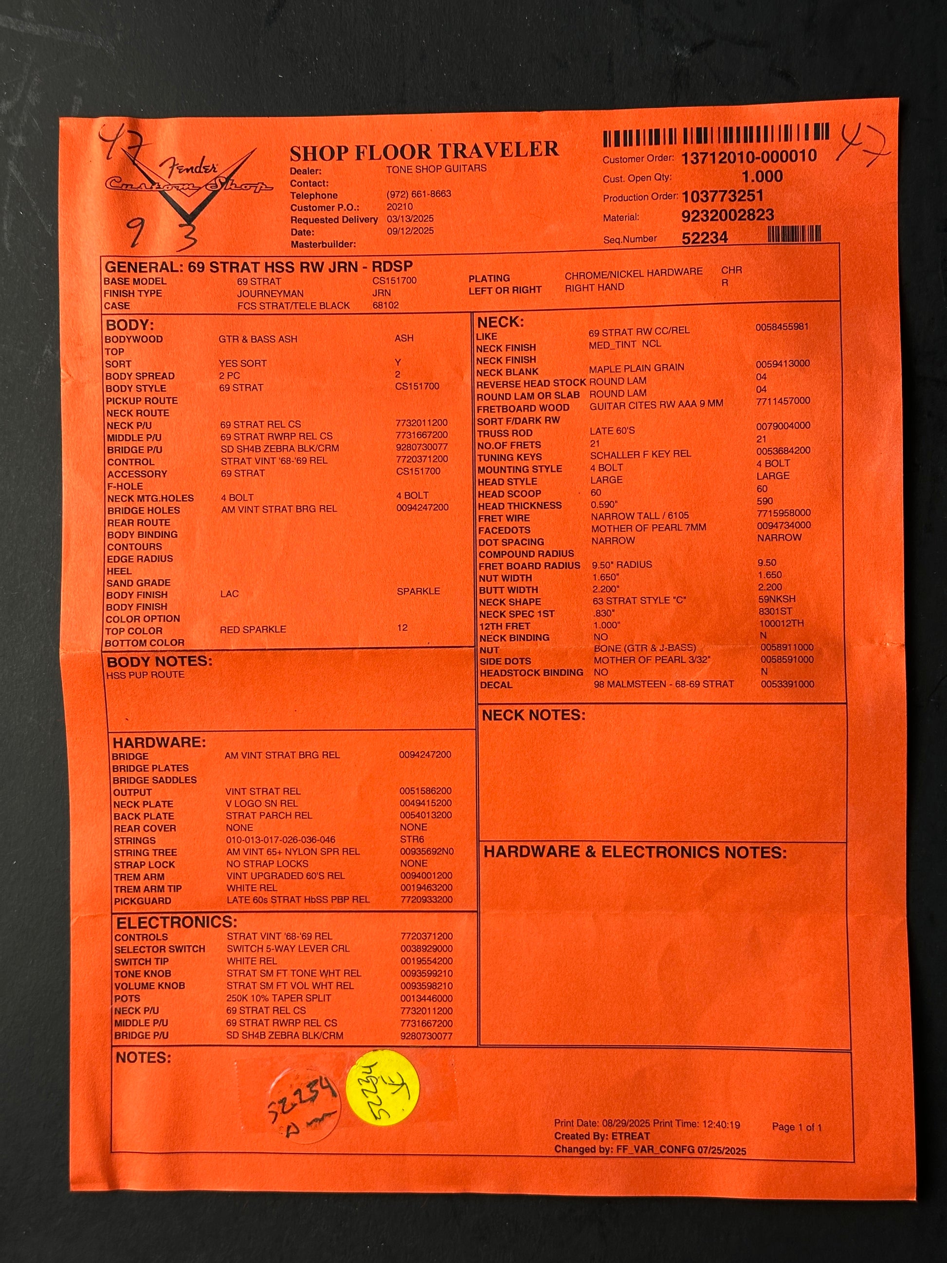 Spec sheet or Fender Custom Shop 1969 Stratocaster HSS Journeyman Relic RDSP.
