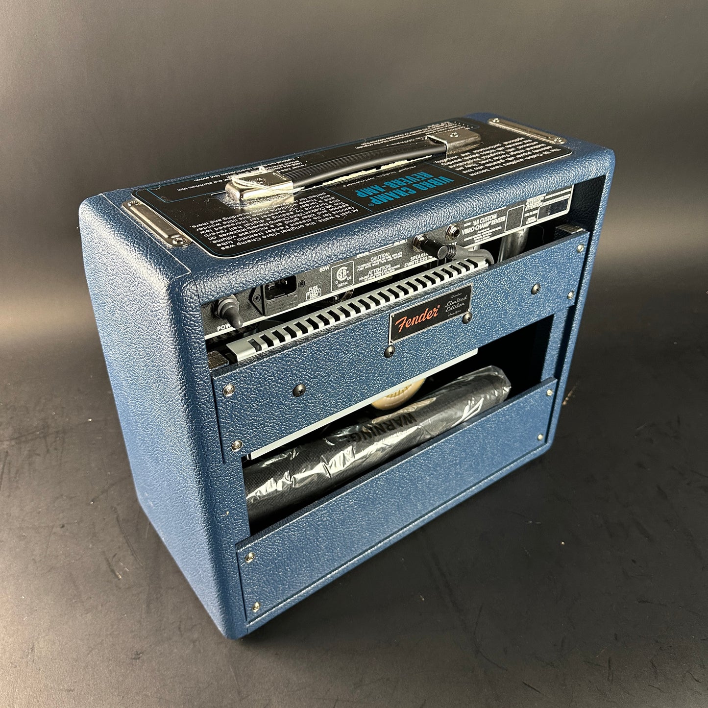 Back angle of Used Fender '68 Custom Vibro Champ Reverb Navy Blue.