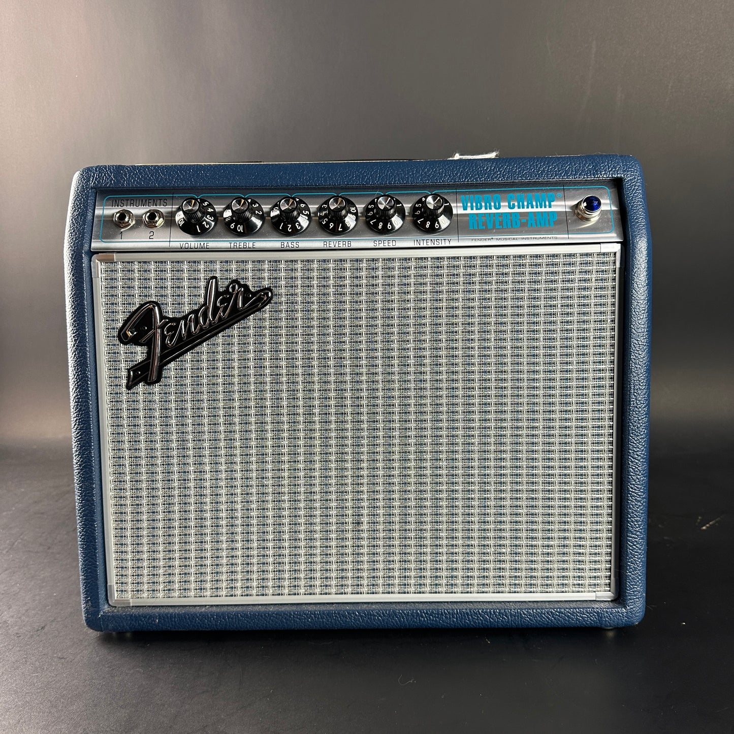Front of Used Fender '68 Custom Vibro Champ Reverb Navy Blue.