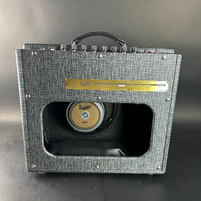 Guitar amplifier with a visible brand logo on a gray background