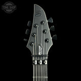 Headstock of Used Mayones Duvell Elite Pro 6 Galaxy Eye Blue Satin.