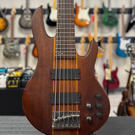 Front of body of Used 2017 ESP LTD D-6 Six String Bass Natural-Satin w/Case TSS6436