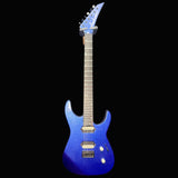 Blue electric guitar against a gray background