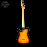 A classic Fender Telecaster electric guitar shown from the back, featuring a sunburst finish that transitions from black to amber-orange, set against a solid black background.