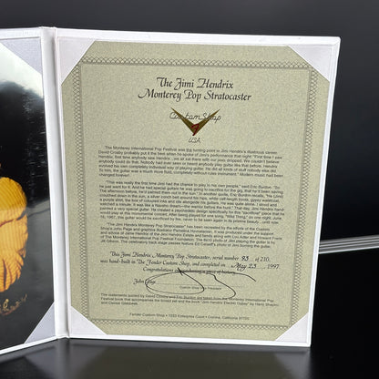 Jimi Hendrix guitar certificate with text and signature on a dark background