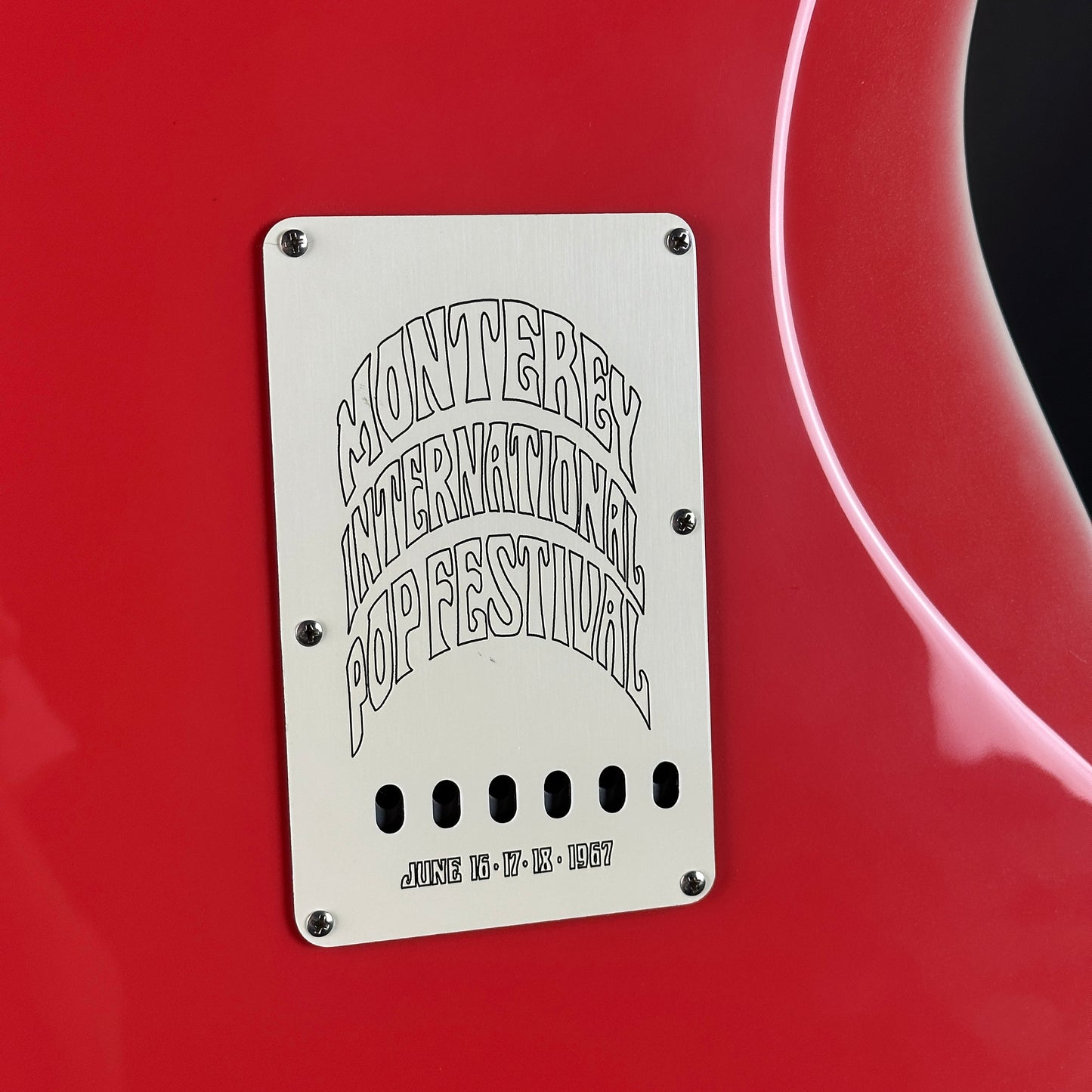 Metal plaque on a red guitar with text