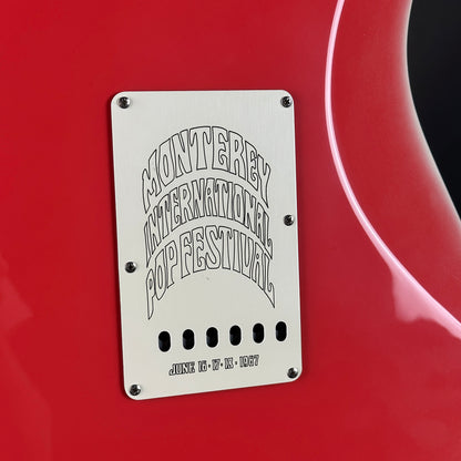 Metal plaque on a red guitar with text