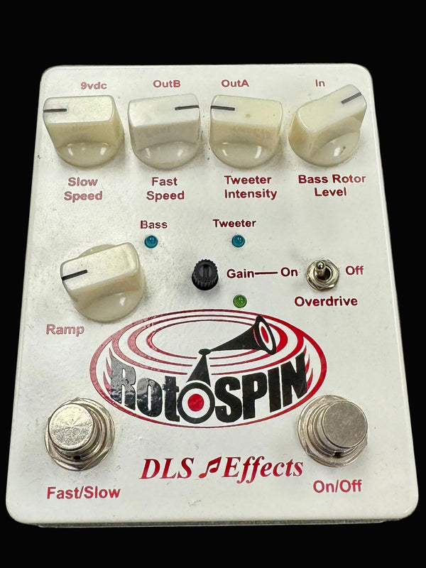 Guitar effects pedal with 'Rotospin' branding on a gray background
