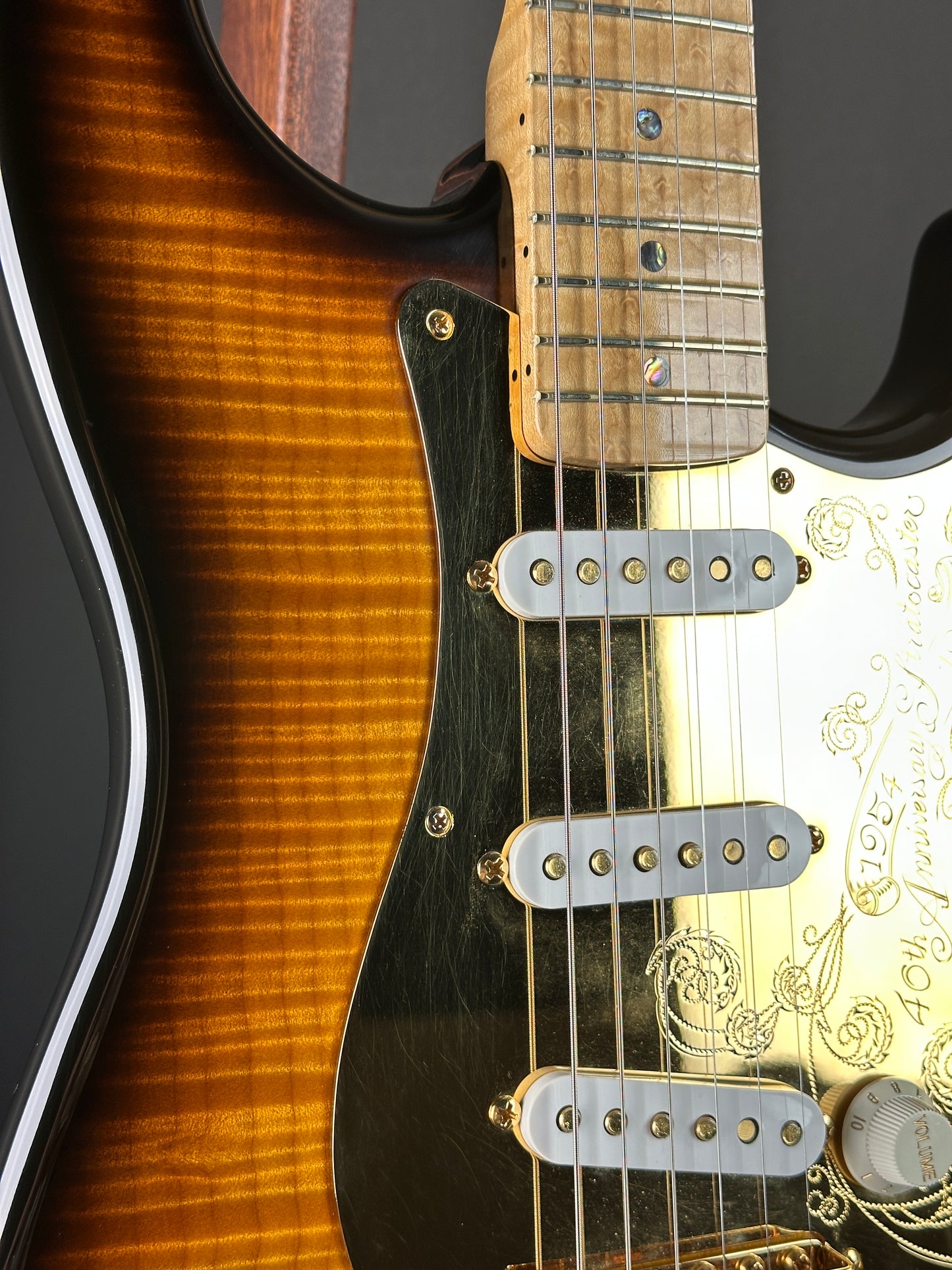 Close-up of a guitar with a focus on the neck and body