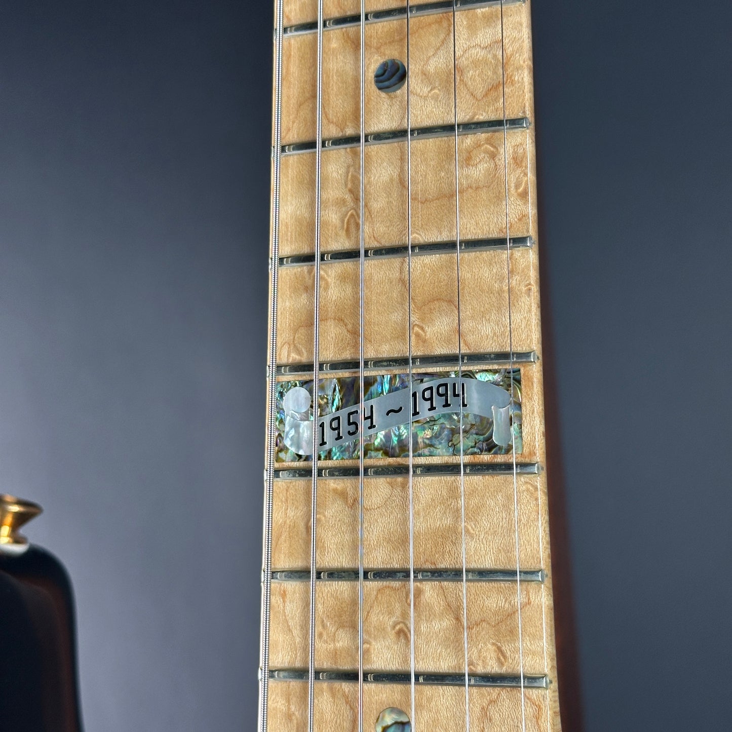 Close-up of a guitar neck with a label on a dark background