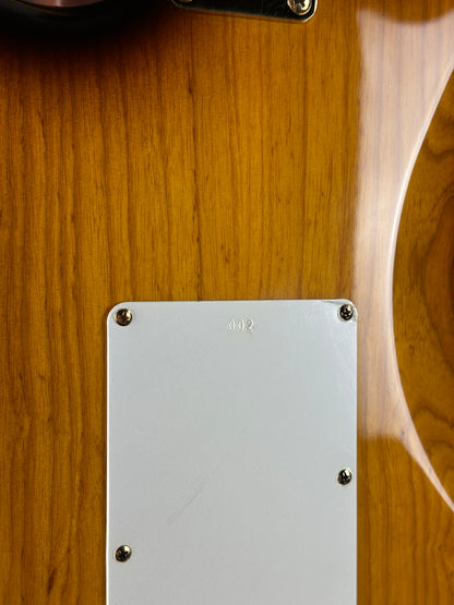 Close-up of a guitar with a metal nameplate on a wooden background