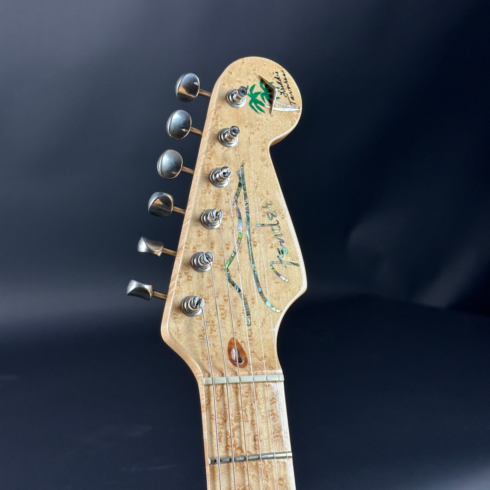 Close-up of a guitar headstock with Fender logo on a dark background