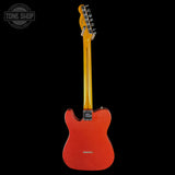 A Fender Telecaster electric guitar shown from the back, featuring a red body and a yellow maple neck, set against a solid black background with a Tone Shop watermark in the top left corner.