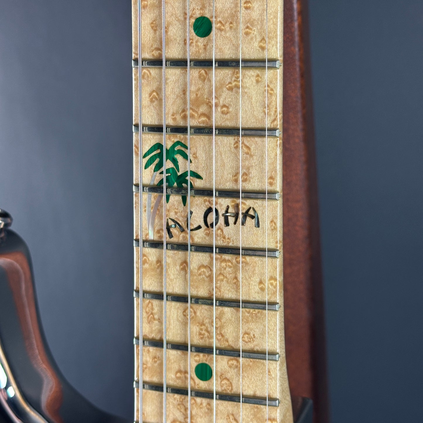 Close-up of a guitar neck with 'Aloha' and palm tree design on a dark background