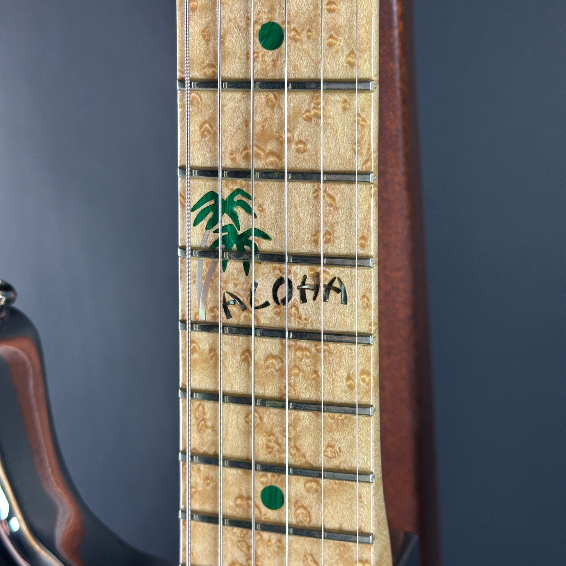 Close-up of a guitar neck with 'Aloha' and palm tree design on a dark background