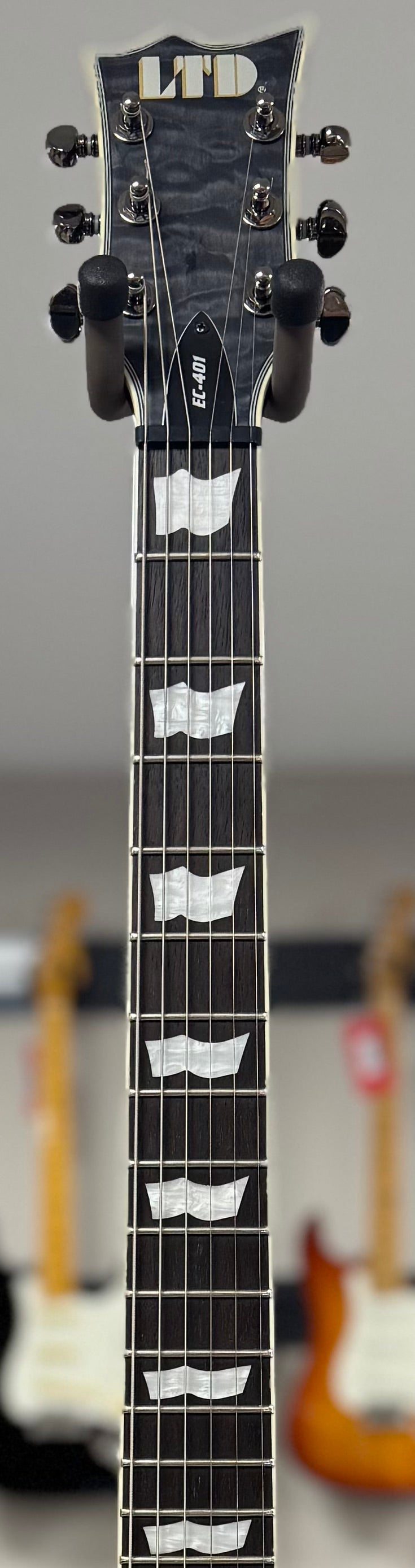 Front of neck of Used ESP LTD EC-401 Trans Black w/bag TSS6417