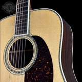 Front detail of Martin Custom Shop  42 Style Super D Adirondack/Wild Grain East Indian Rosewood.