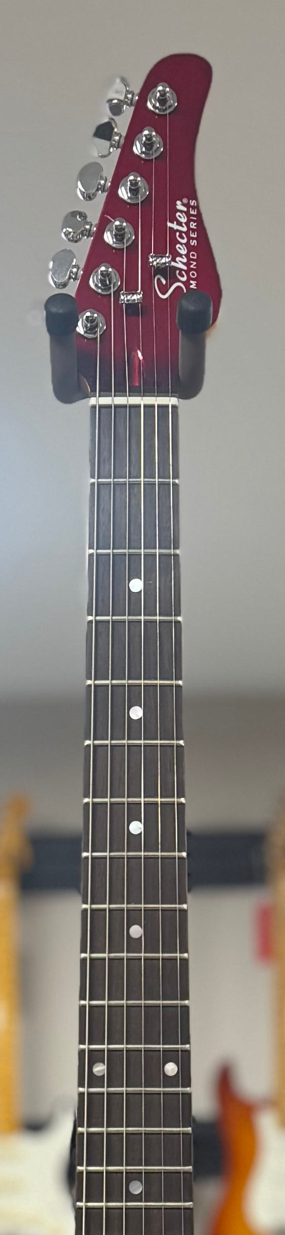 Front of neck of Used Schecter Diamond Series PT Fastback Bigsby Red w/bag TSU22778