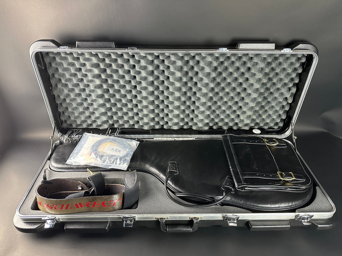 Open hard-shell protective case with foam lining on a gray background