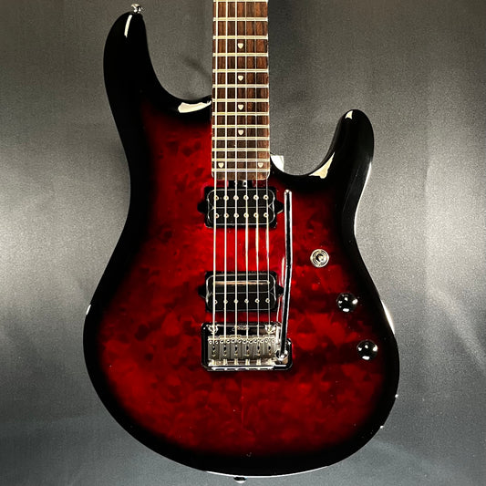 Front of Used Sterling by Music Man Jonh Petrucci JP Crimson Edgeburst Quilt w/bag TFW377