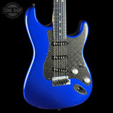 Blue electric guitar with carbon fiber pattern on a black background