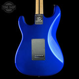 Blue electric guitar with 'Lexus' branding on a black background