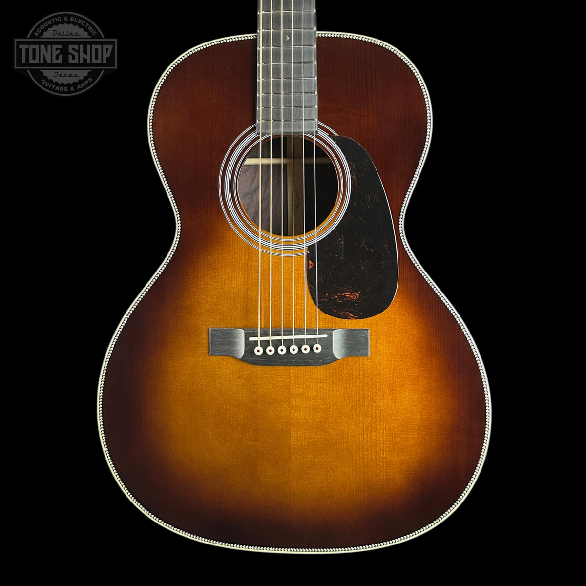 Front of Martin Custom Shop  28 Style 00-14F Slope Shoulder Adirondack/Wild Grain East Indian Rosewood.