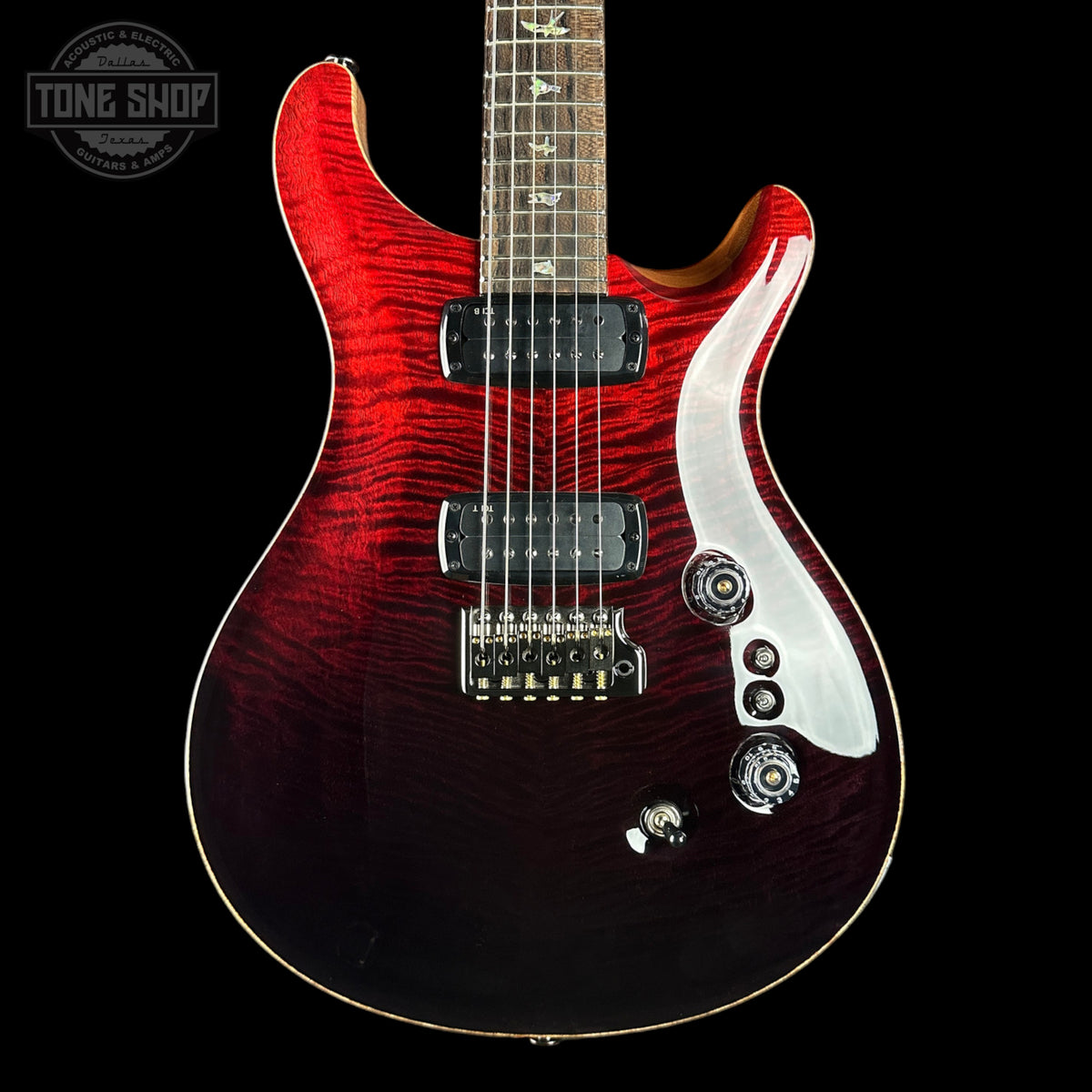 Front of PRS Custom 24-08 Mango Limited Fire Red / Gray Black Fade.