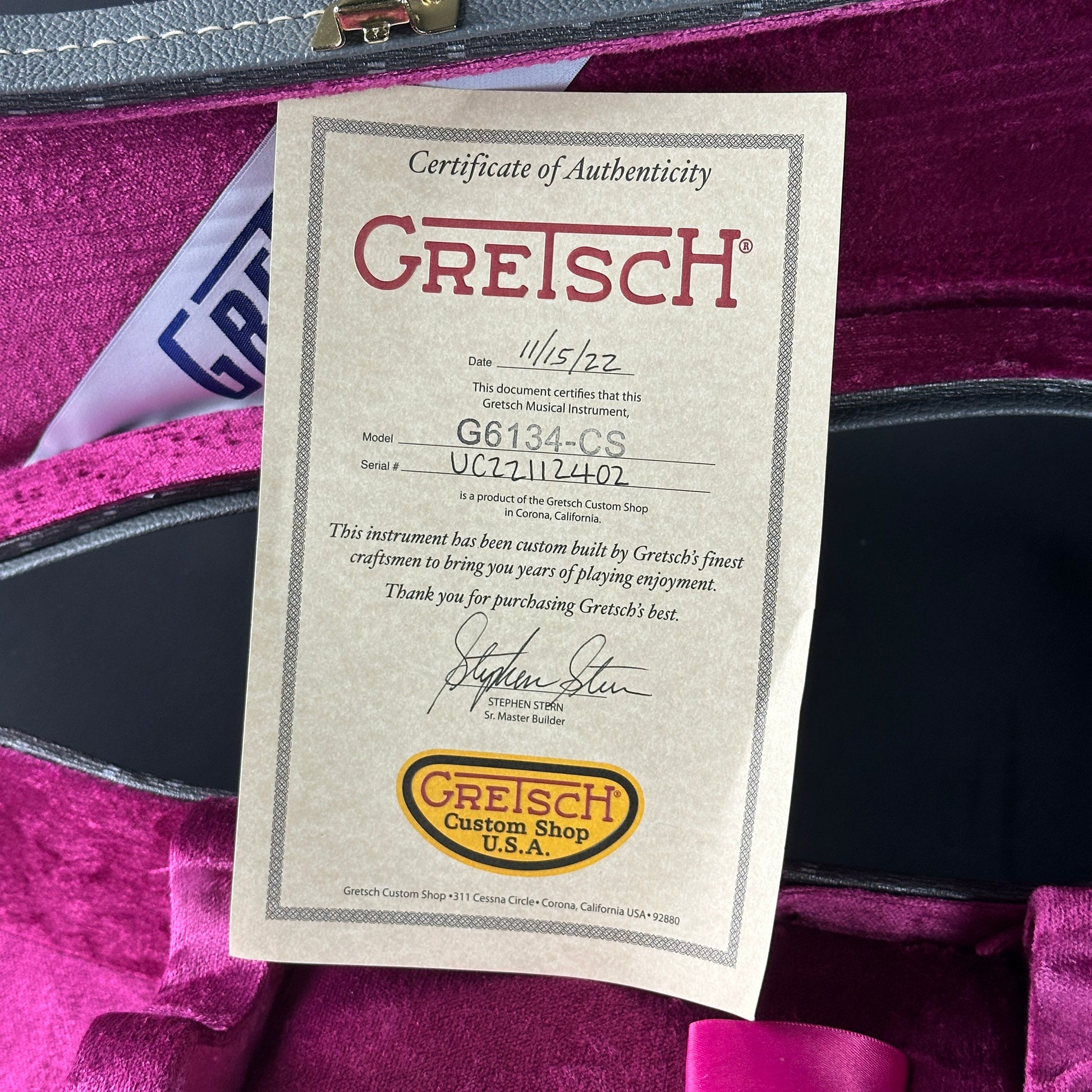 Gretsch Certificate of Authenticity inside a purple case