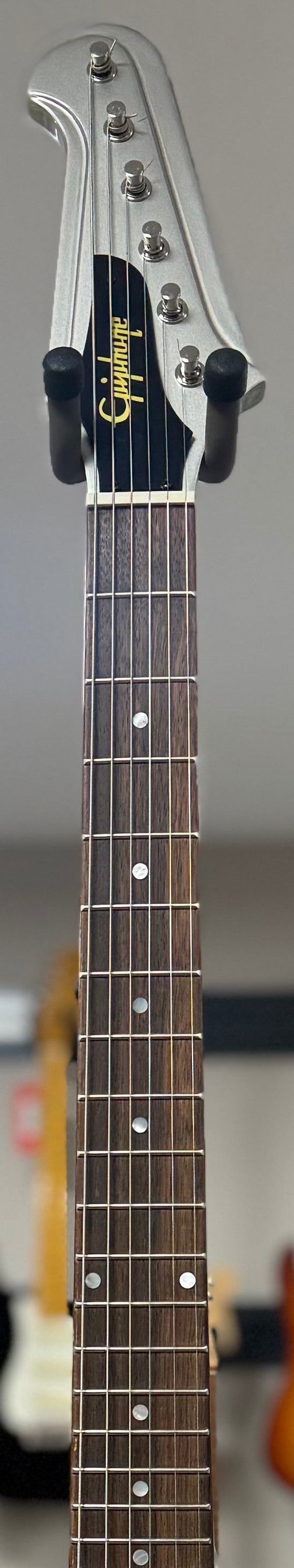 Front of neck of Used Epiphone Inspired by Gibson Custom Firebird I Inca Silver w/case TSS6450