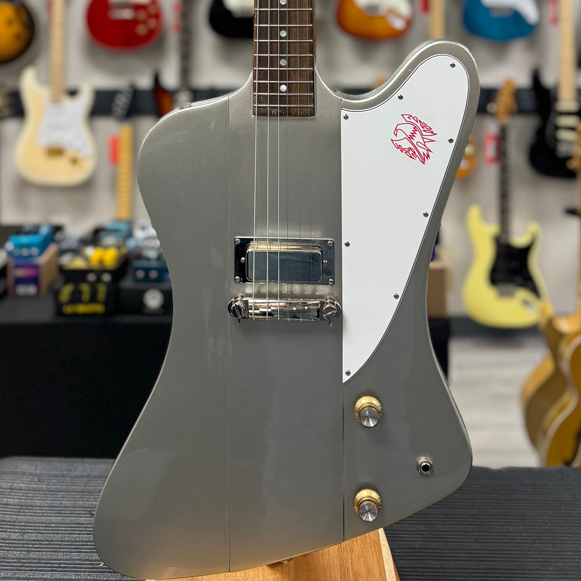 Front of body of Used Epiphone Inspired by Gibson Custom Firebird I Inca Silver w/case TSS6450