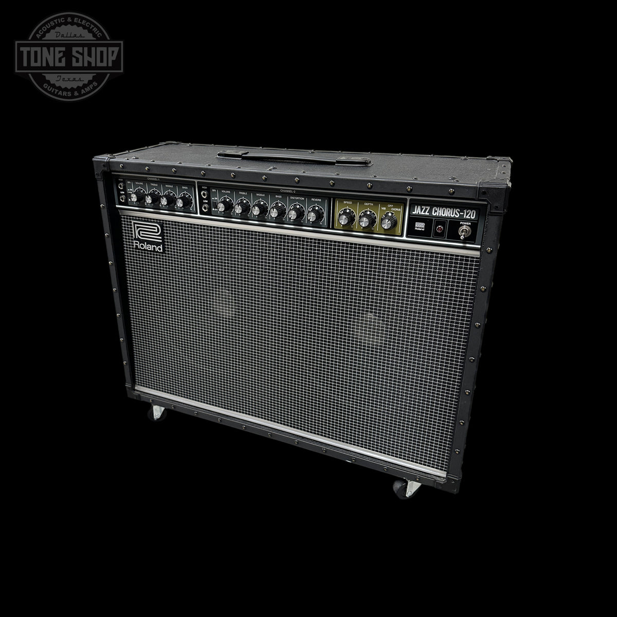 Roland guitar amplifier on a black background with 'Tone Shop' logo.