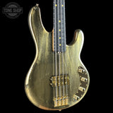 Front angle of Ernie Ball Music Man 50th Anniversary StingRay Molten Gold.