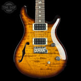 Front of 2024 PRS Paul Reed Smith CE24 Semi-Hollow Quilt Black Amber.
