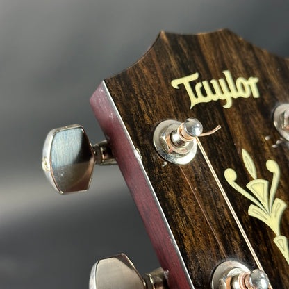 Close-up of a Taylor guitar headstock with tuning pegs and brand name.