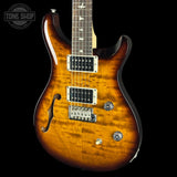 Front angle of 2024 PRS Paul Reed Smith CE24 Semi-Hollow Quilt Black Amber.