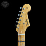 Headstock of Fender Custom Shop Limited Edition Roasted '54 Strat Journeyman Relic '55 Desert Tan.