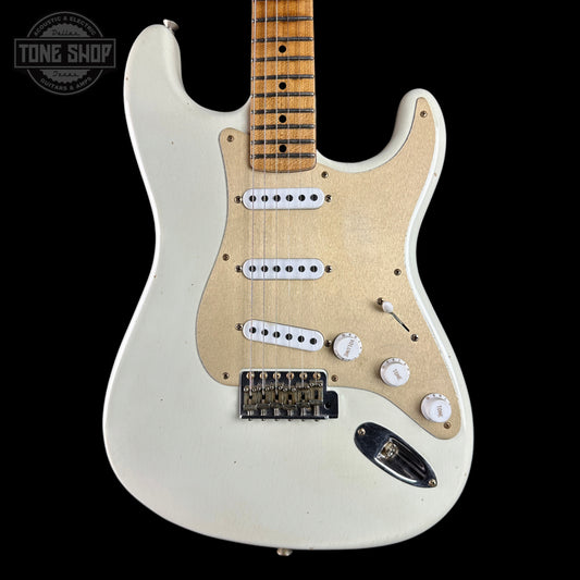 Front of Fender Custom Shop Limited Edition Roasted '54 Strat Journeyman Relic '55 Desert Tan.