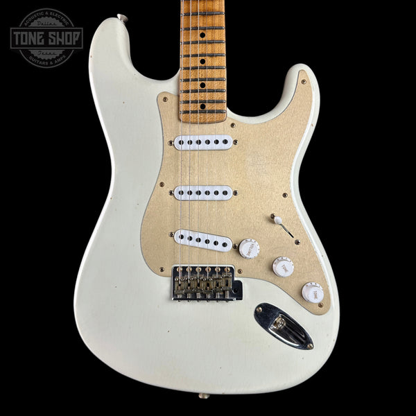 Front of Fender Custom Shop Limited Edition Roasted '54 Strat Journeyman Relic '55 Desert Tan.