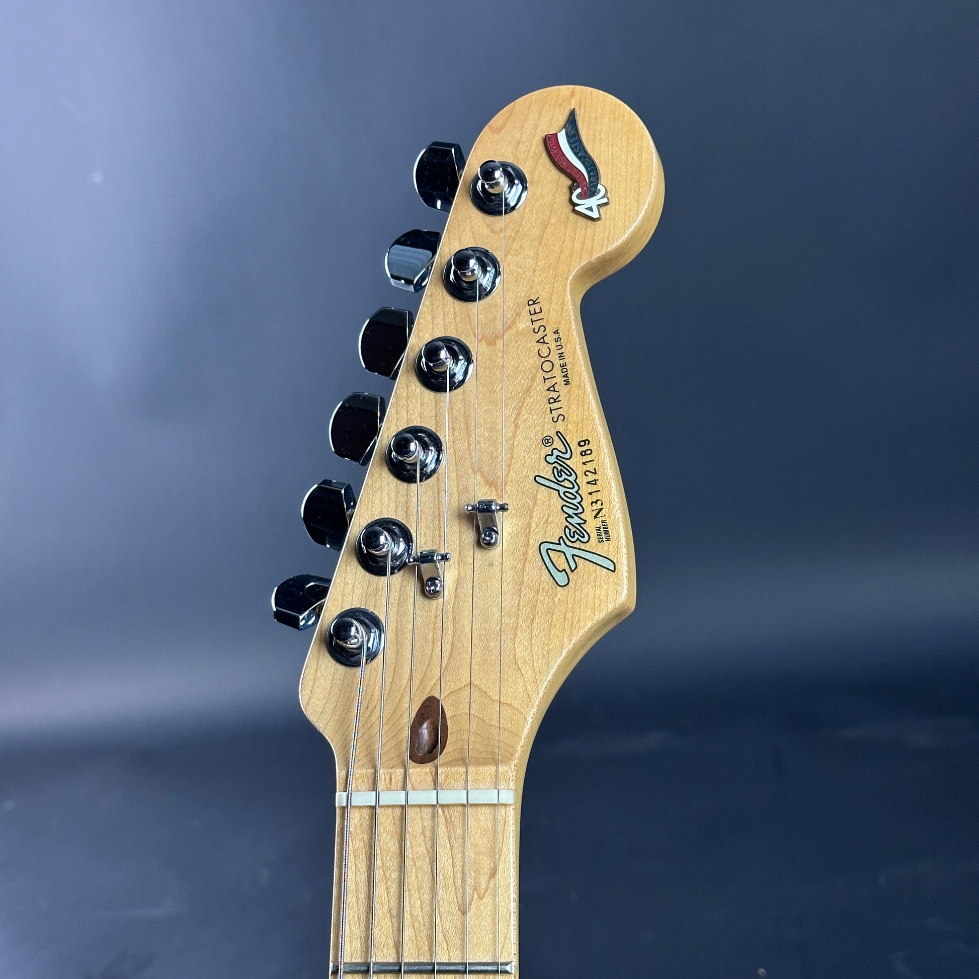 Fender Stratocaster guitar headstock on a dark background