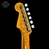 Back of headstock of Fender Custom Shop American Custom Strat MN NOS Sapphire Blue Transparent.