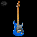 Full front of Fender Custom Shop American Custom Strat MN NOS Sapphire Blue Transparent.