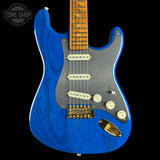 Front of Fender Custom Shop American Custom Strat MN NOS Sapphire Blue Transparent.
