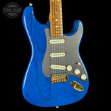 Front angle of Fender Custom Shop American Custom Strat MN NOS Sapphire Blue Transparent.