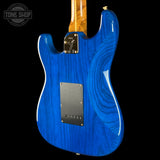 Back angle of Fender Custom Shop American Custom Strat MN NOS Sapphire Blue Transparent.