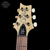Guitar headstock with brand logo on a black background